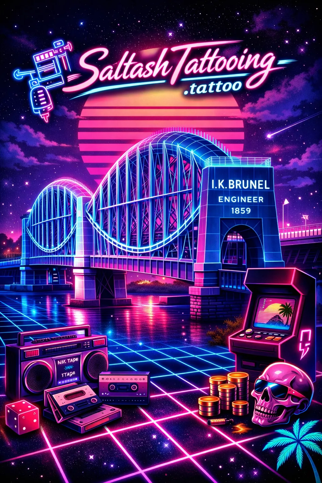 Saltash Brunel bridge in a retro 80s neon style