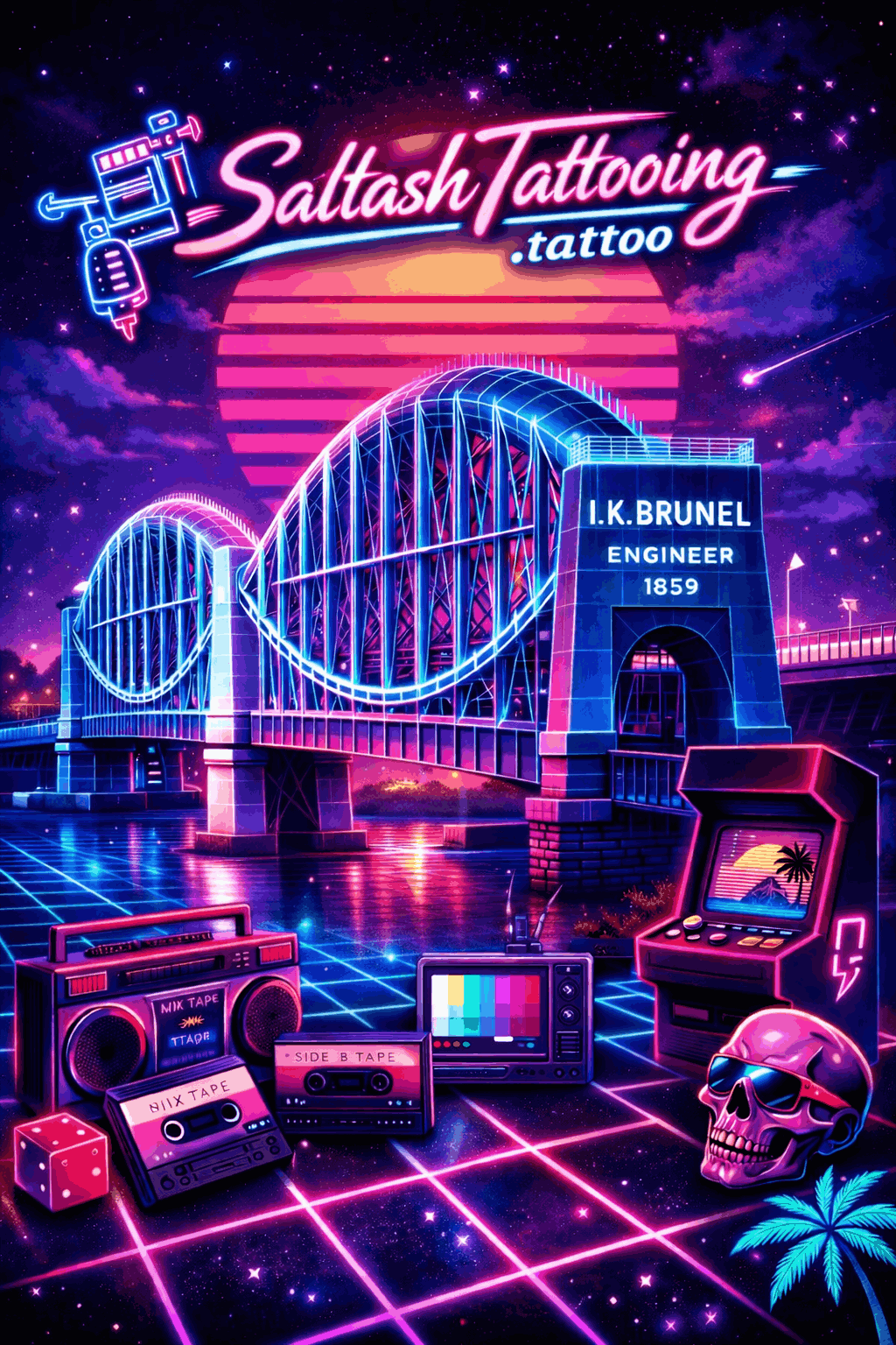 Saltash Brunel bridge in a retro 80s neon style